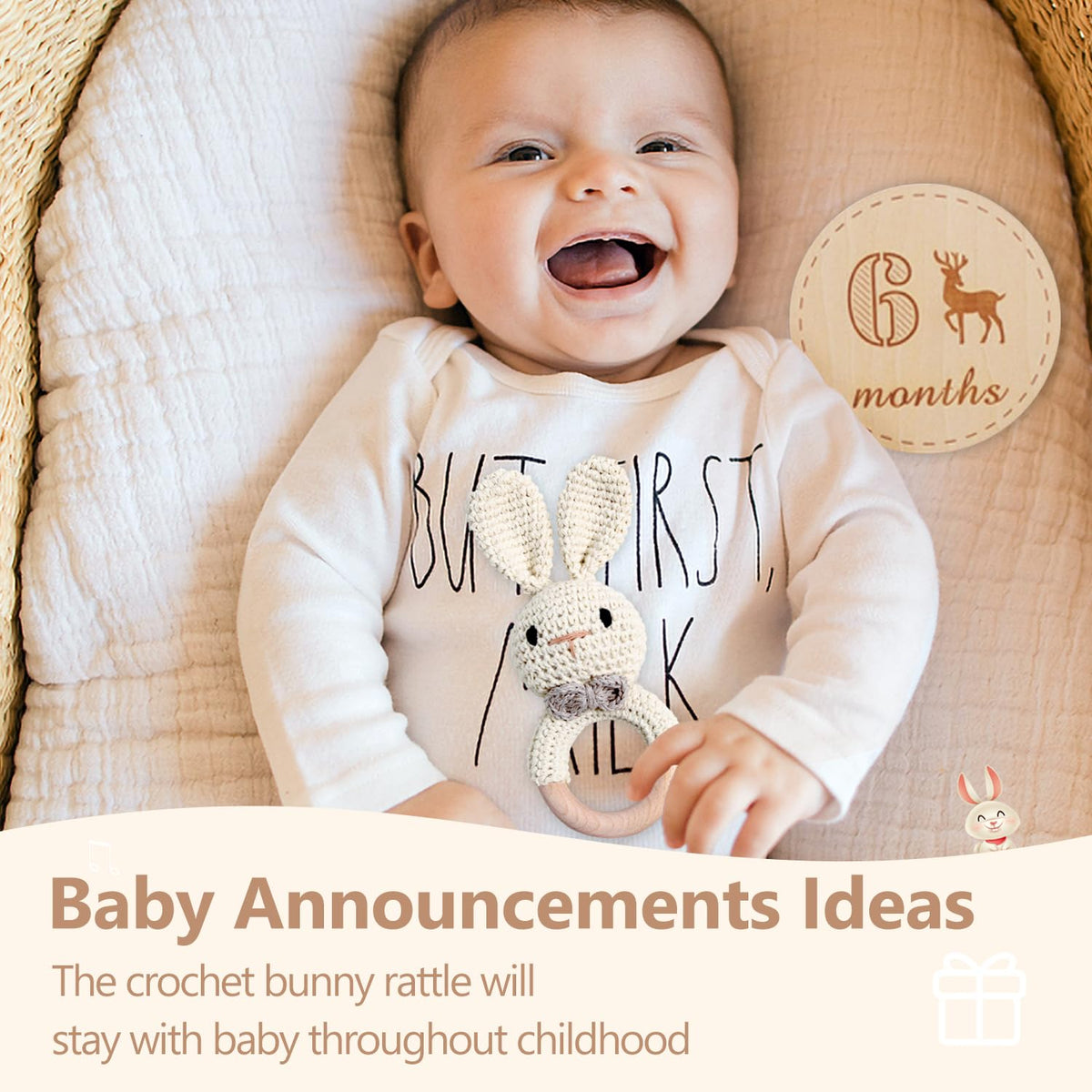 Tuowita beige crochet rabbit rattle adds comforting sensory play for babies.