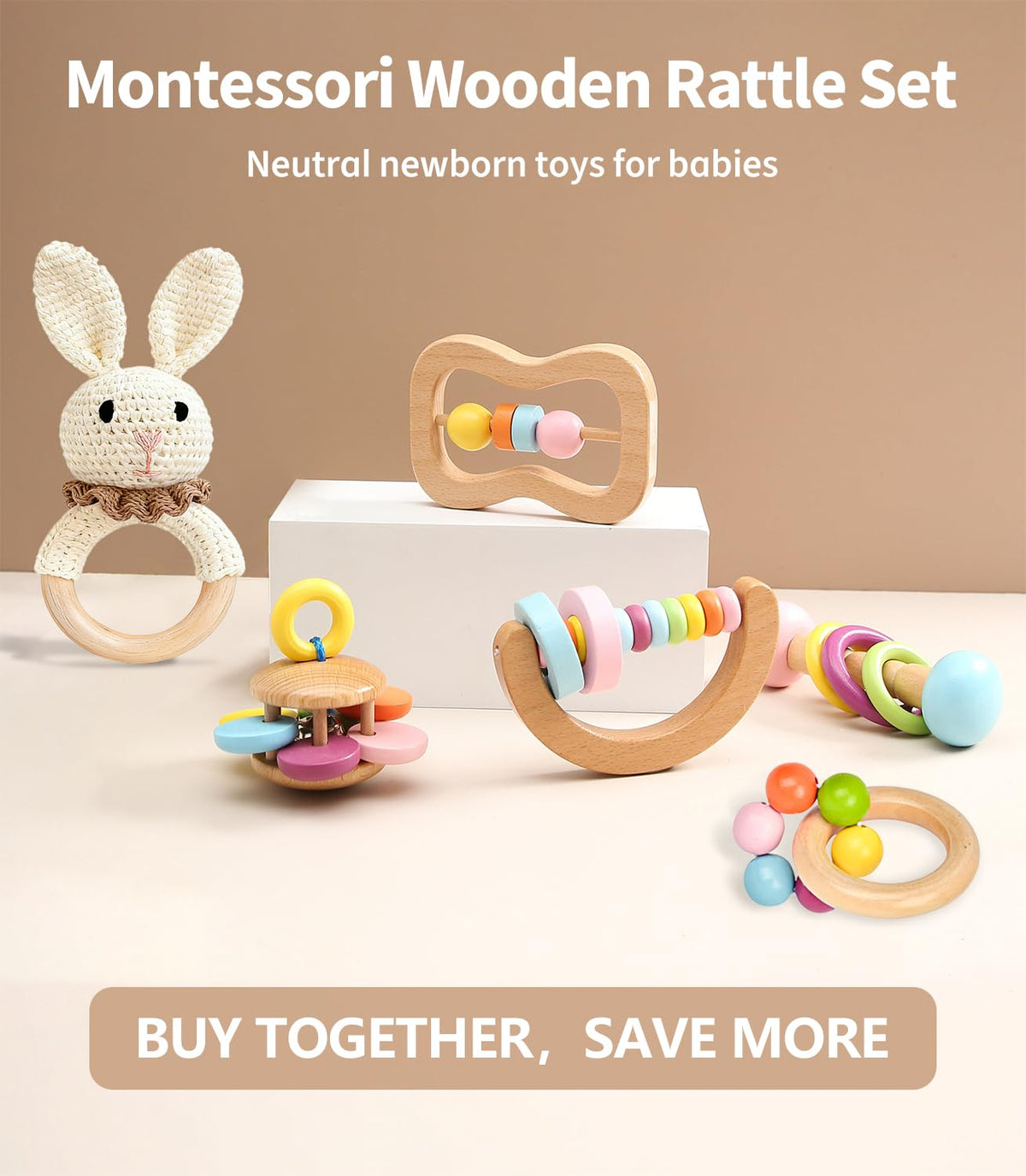 TUOWITA bunny crochet rattle highlighting soft texture for baby touch and sound.