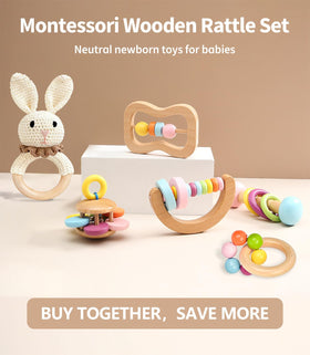 TUOWITA bunny crochet rattle highlighting soft texture for baby touch and sound.