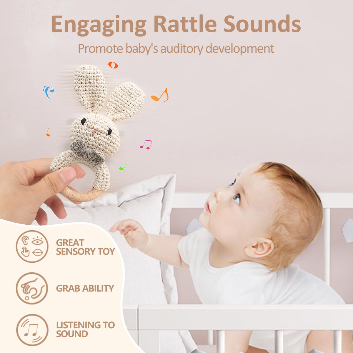 Tuowita rattle demonstrates newborn-friendly grip and gentle sound for playtime.