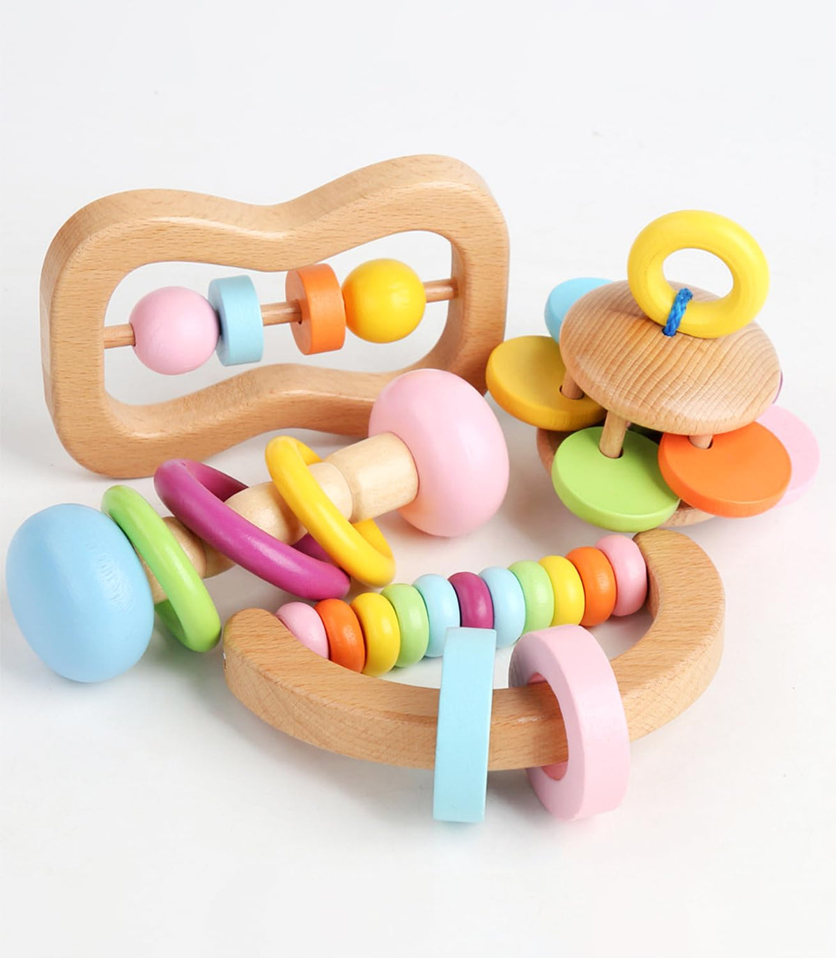 TUOWITA semicircle rattle combining color and texture for auditory exploration.