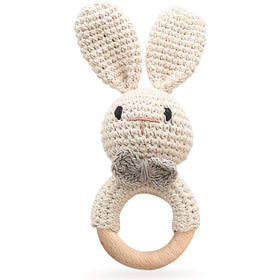 Tuowita wooden baby rattle with beech wood and crochet bunny for soothing teething.