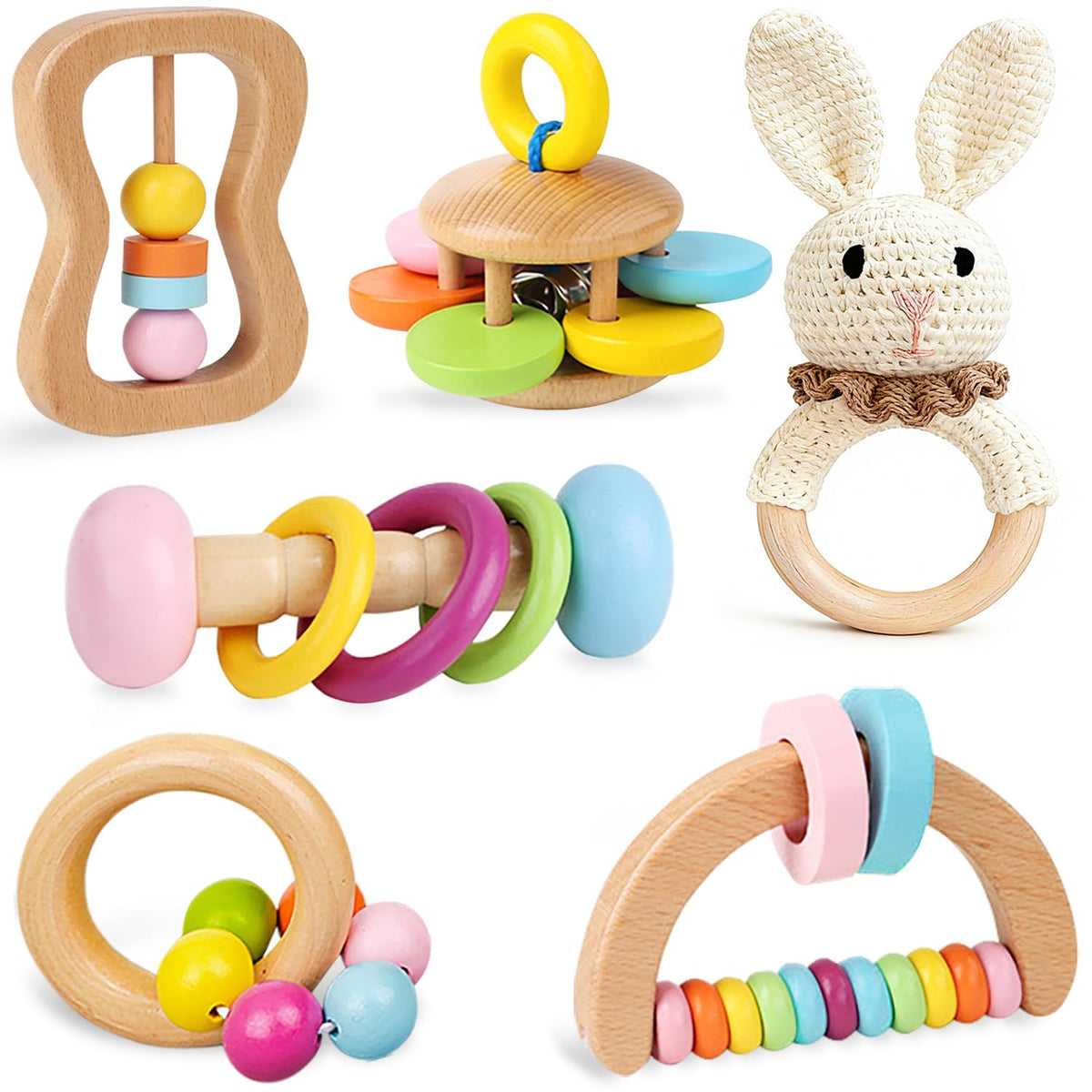 TUOWITA wooden baby rattle set cover image showing six rattles for sensory play.