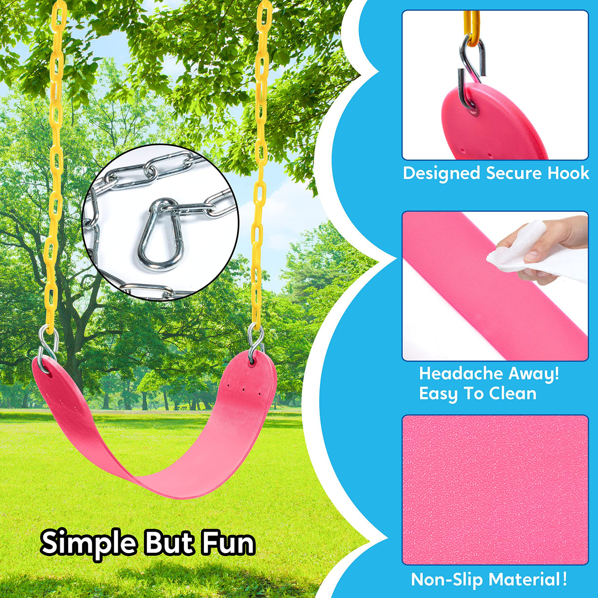 Turfee four snap hooks pink for quick secure attachment to swings