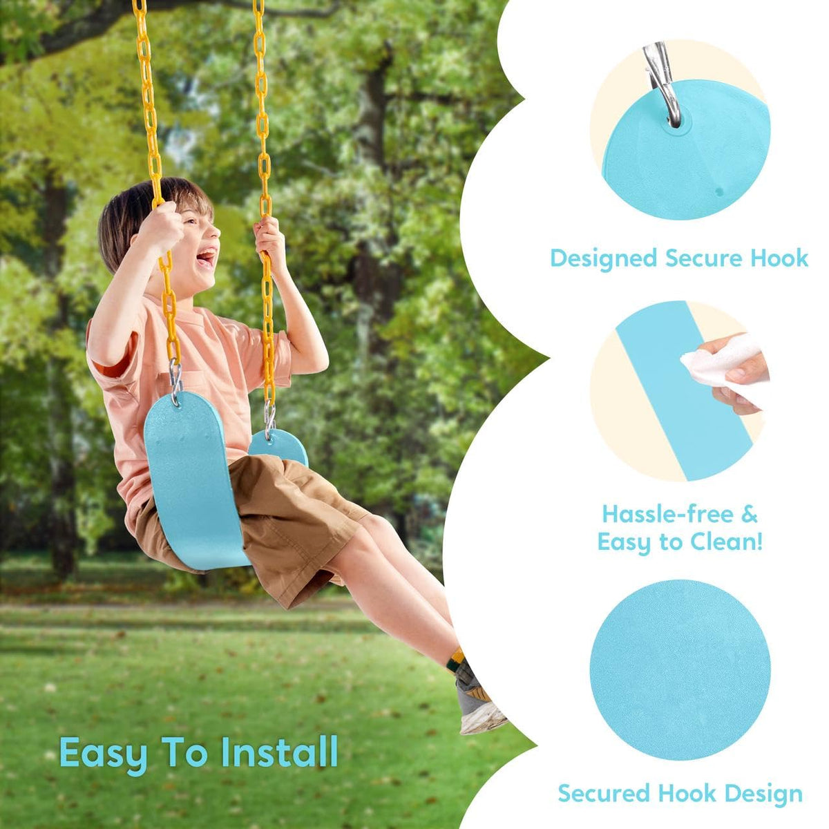 Turfee Swing blue seat offers safe, comfortable play for children.