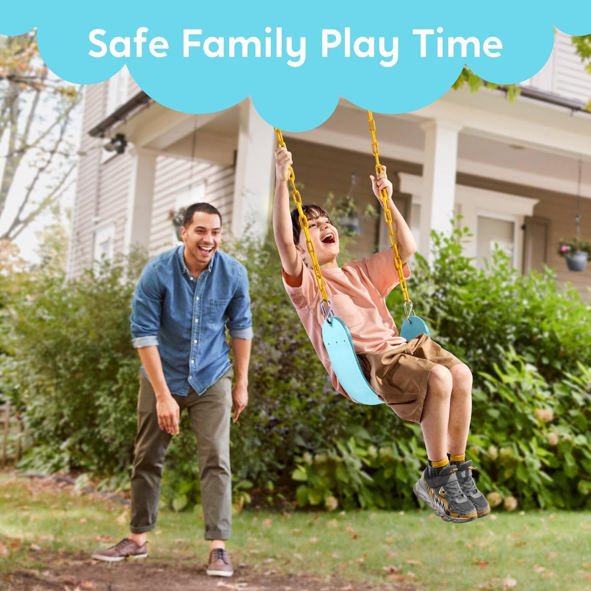 Turfee Swing indoor-outdoor use adapts to trees, beams, or playground frames.