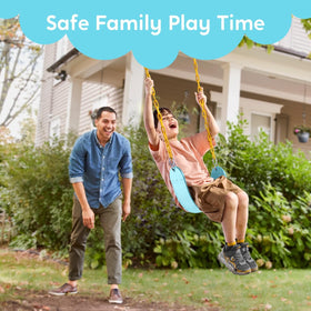 Turfee Swing indoor-outdoor use adapts to trees, beams, or playground frames.
