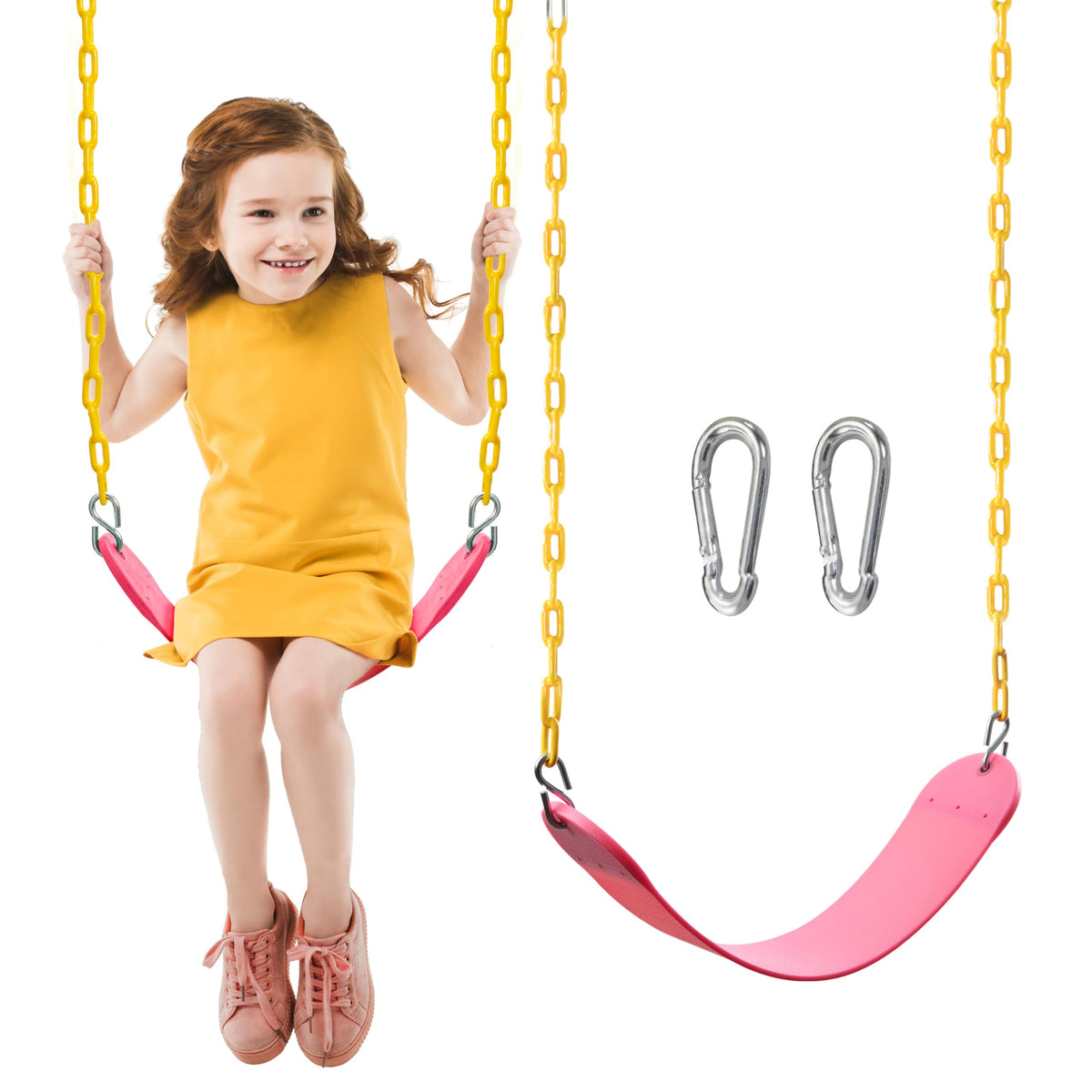 TURFEE pink swing seat for outdoor play, safe and kid-friendly.
