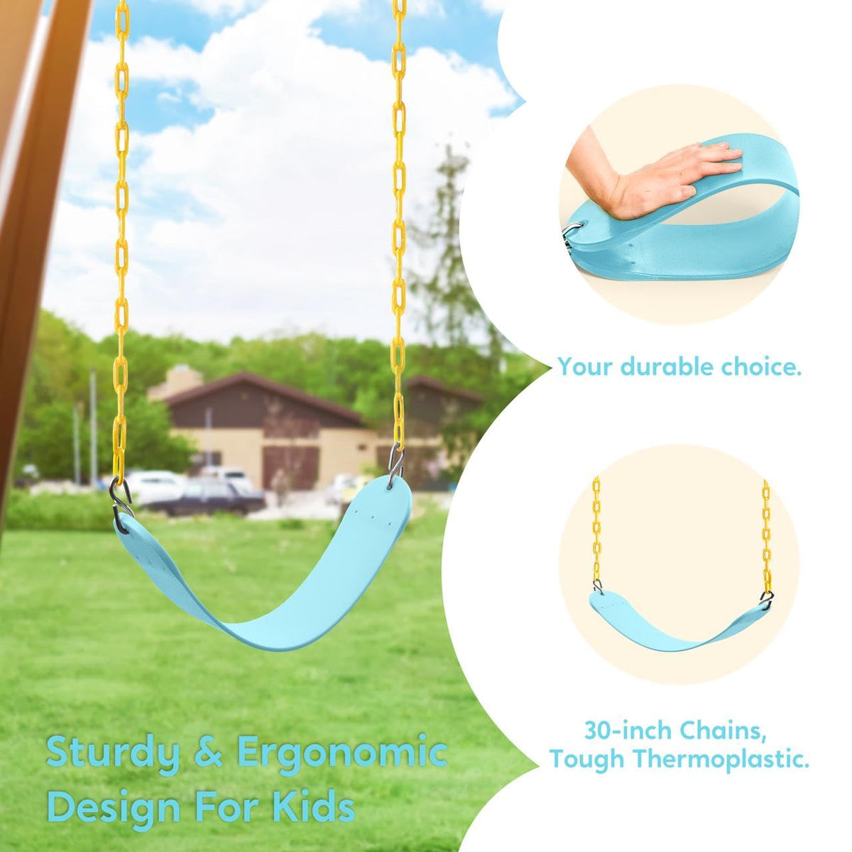 Turfee Swing thermoplastic seat cover provides weather resistance and easy cleaning.