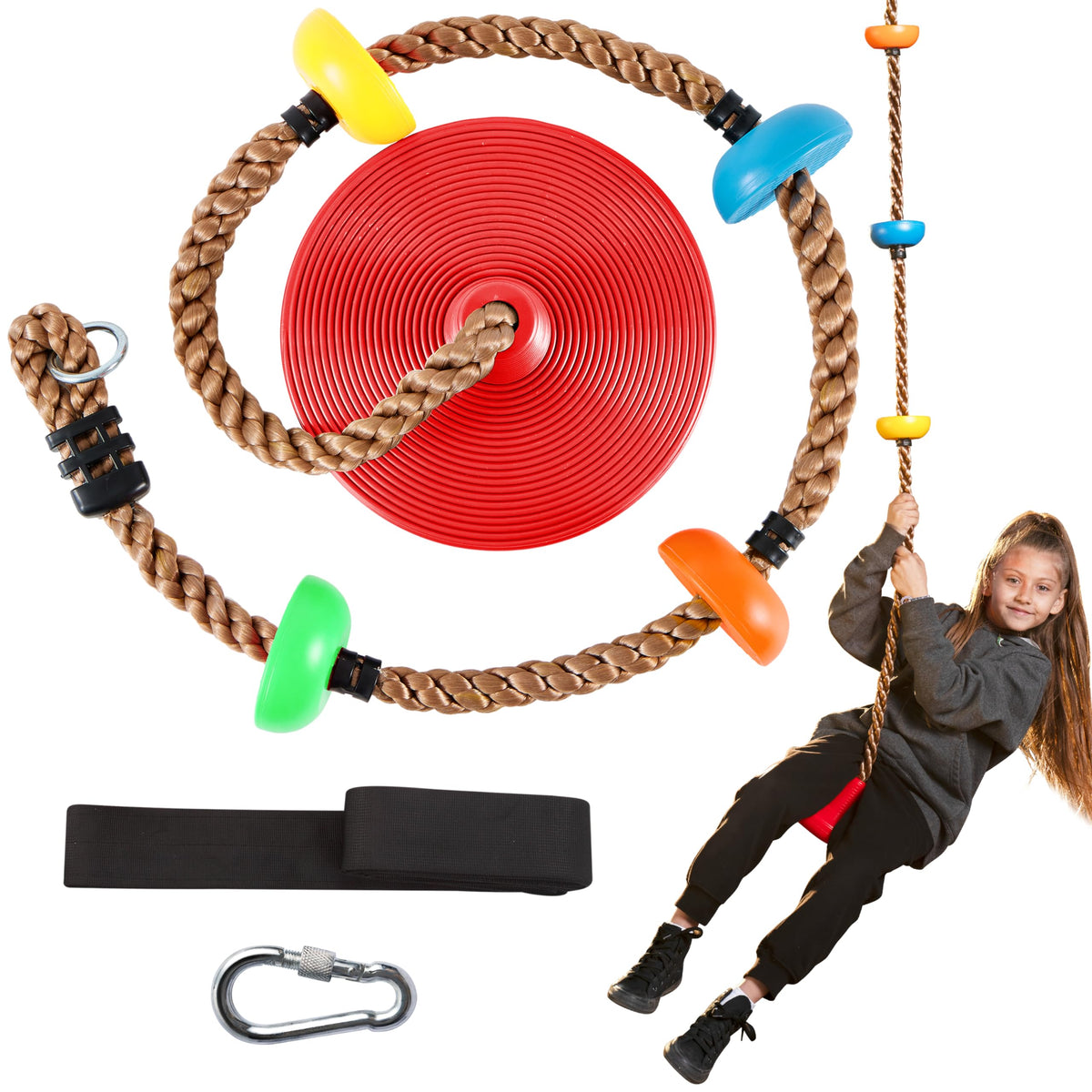 TURFEE tree swing with red disc seat ready for outdoor play and balance practice.