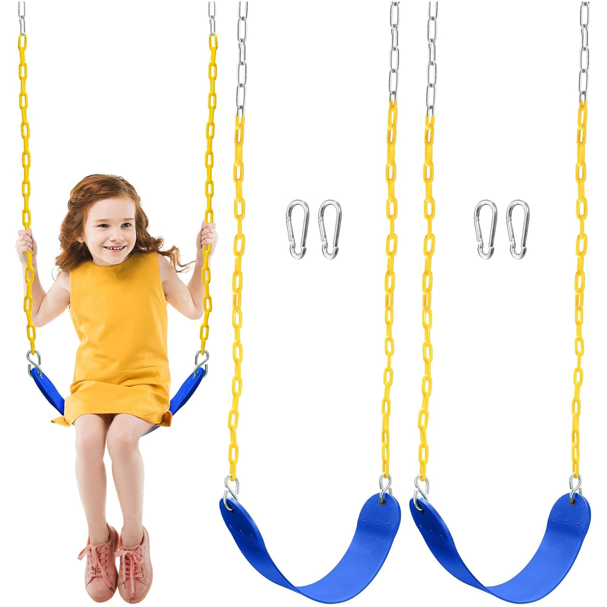 Turfee two-pack blue swings for outdoor play, ideal replacement for worn backyard swings.