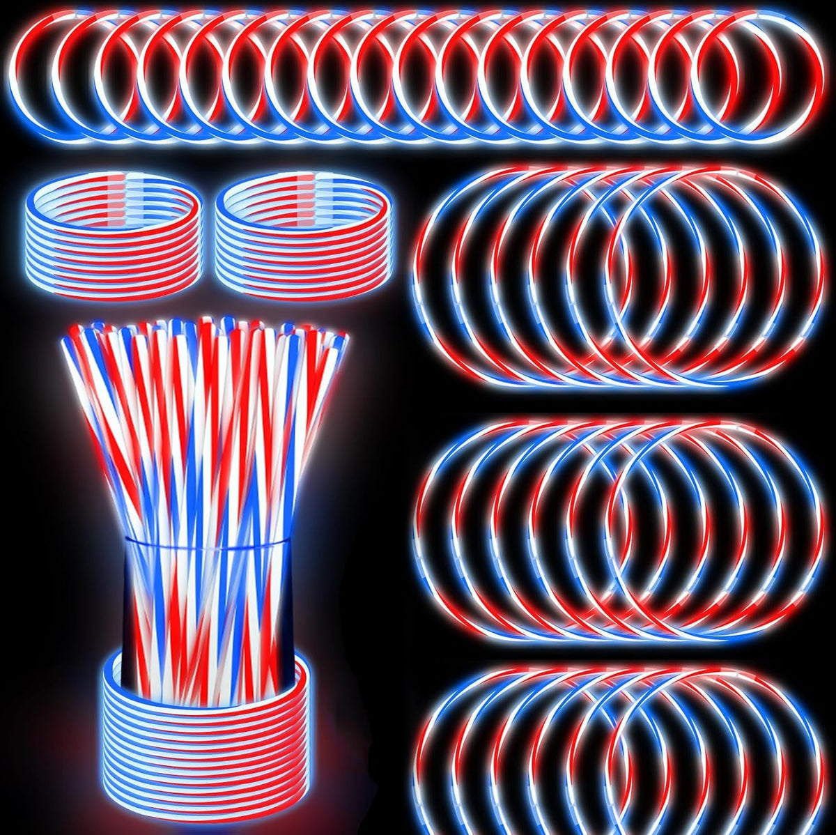 TURNMEON glow sticks in red white blue with connectors for bracelets and necklaces.