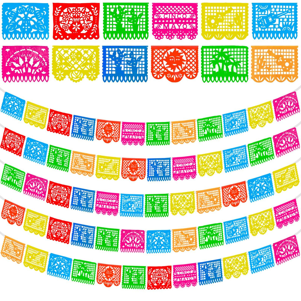 Turnmeon 5-pack banner collection with vibrant papel picado colors ideal for outdoor fiestas.