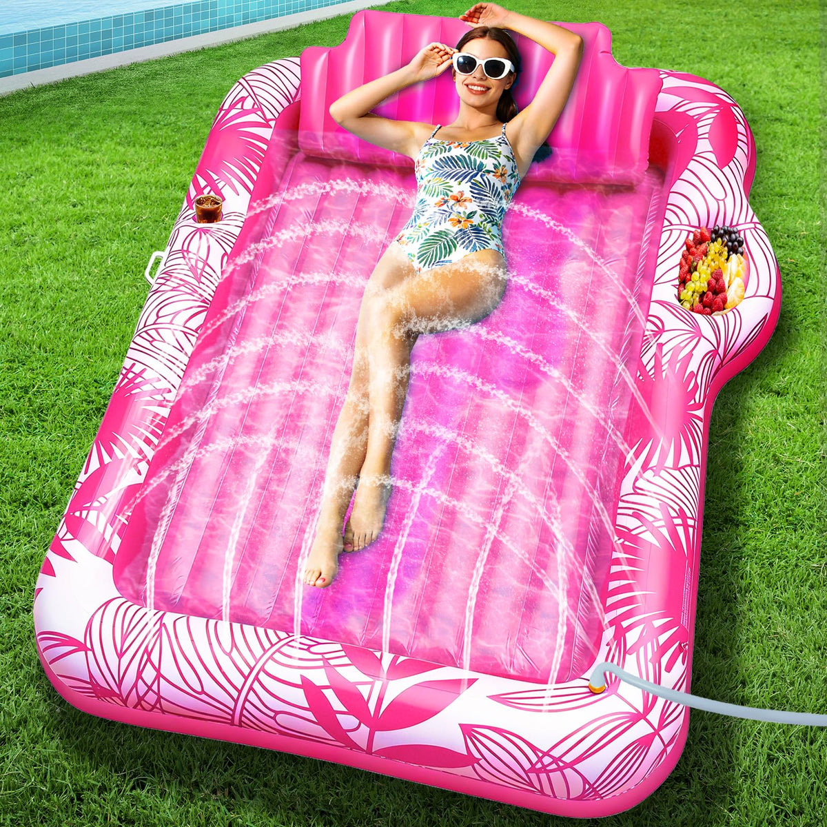 TURNMEON 78x50 inflatable tanning pool lounger with sprinkler provides cooling mist during sunbathing