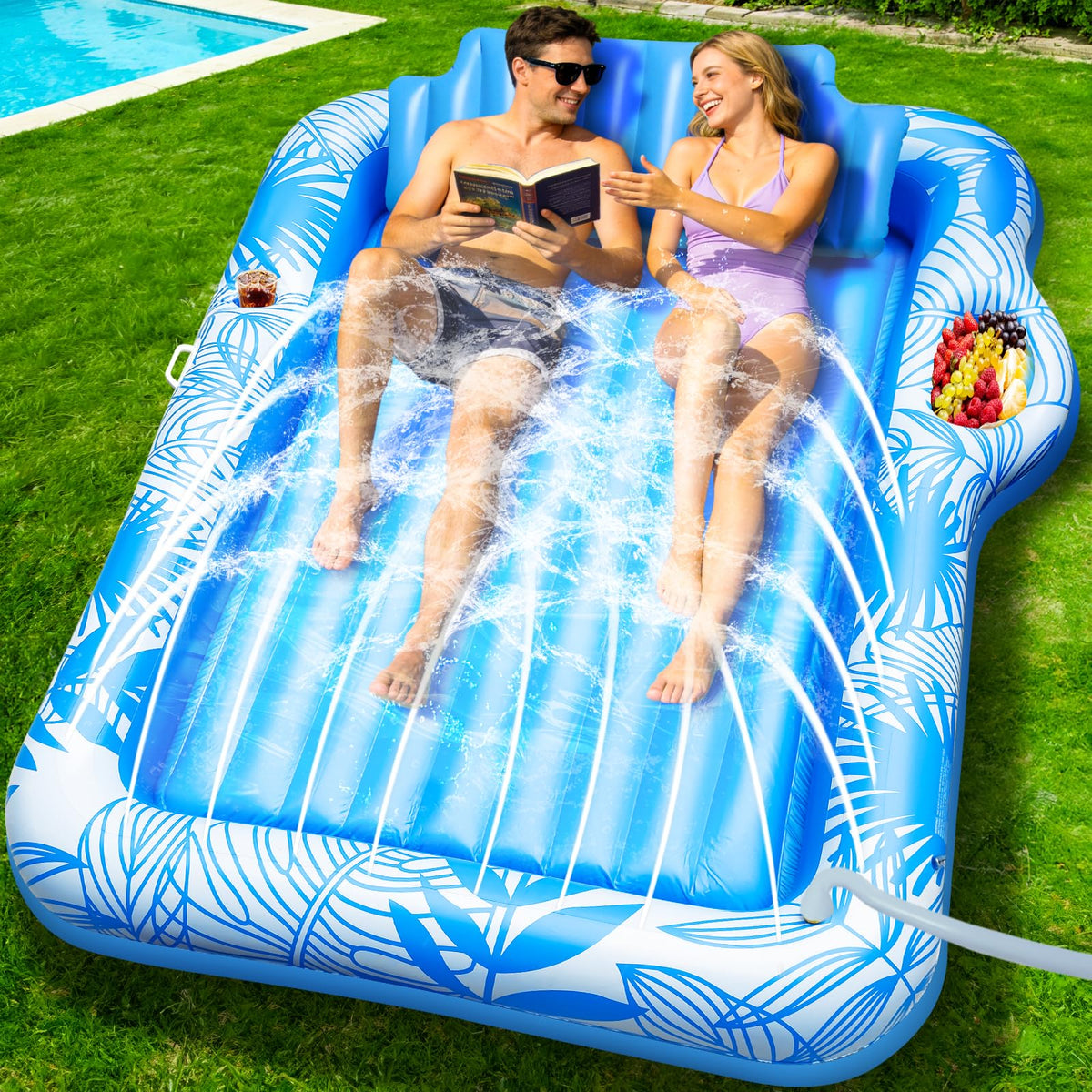 TURNMEON 83x60 inflatable tanning pool lounger with sprinkler for cooling and sunbathing.