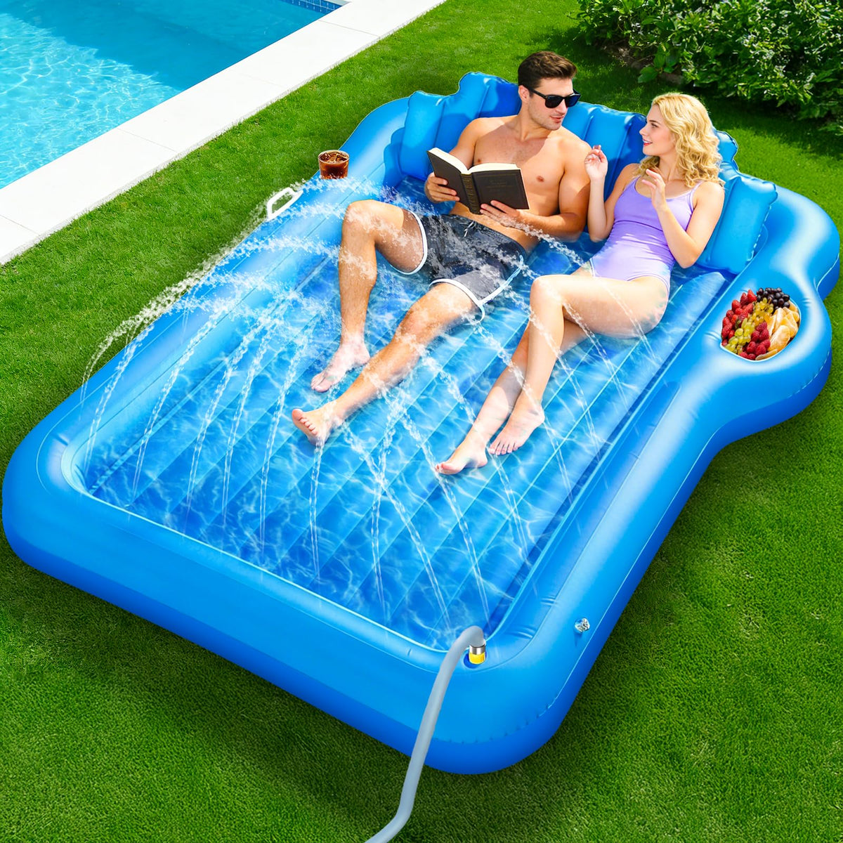 Turnmeon 83x63 inflatable tanning lounger with sprinkler for cooling poolside sunbath