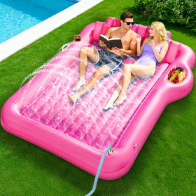 TURNMEON 83x63 pink tanning lounger with sprinkler for cooling sunbathing sessions.