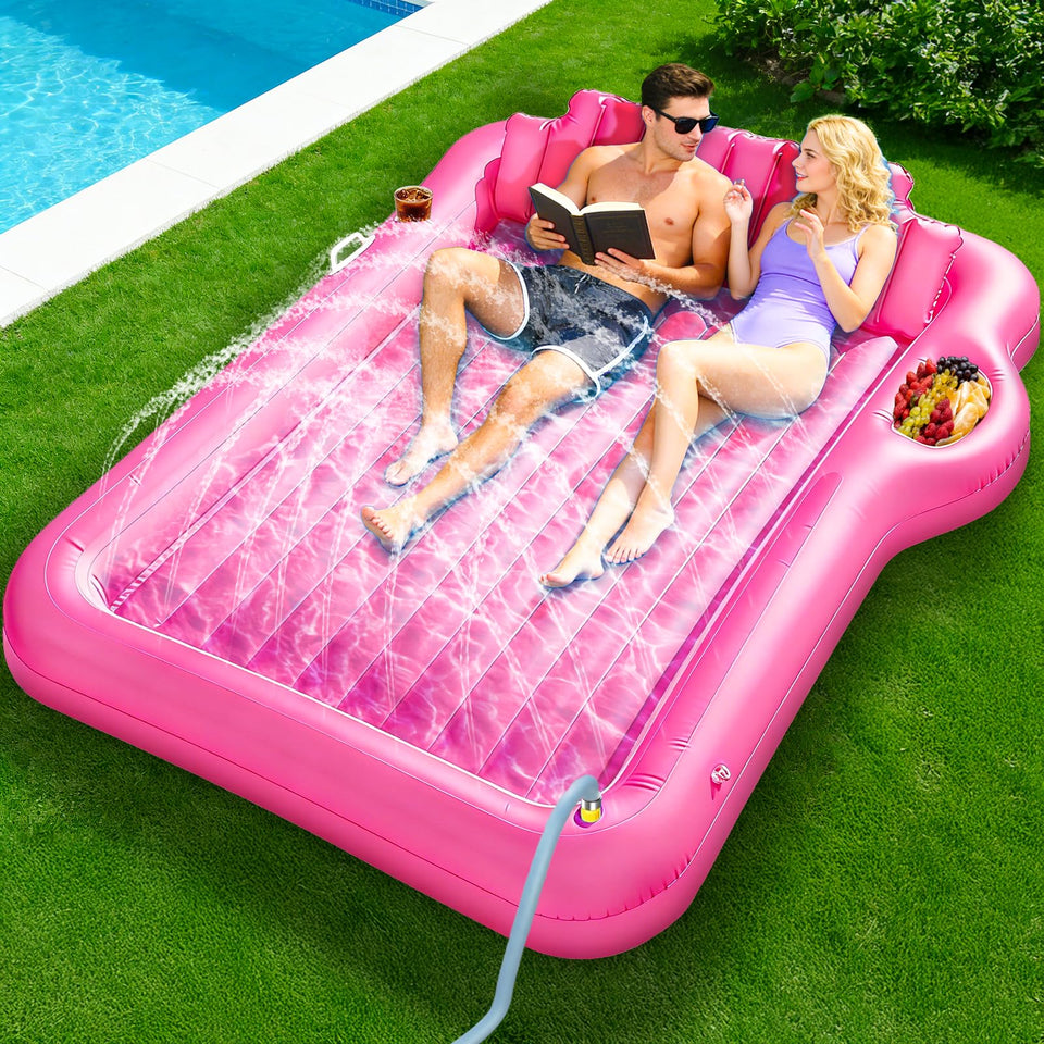 TURNMEON 83x63 pink tanning lounger with sprinkler for cooling sunbathing sessions.