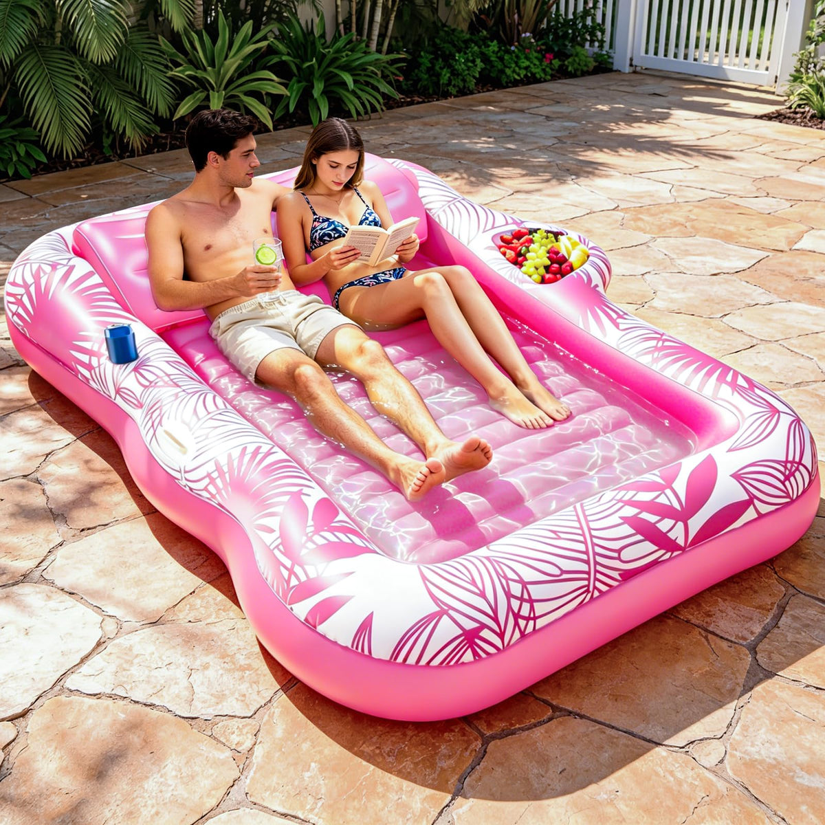 TURNMEON 83x63 pink pool float with tropical pattern for two loungers.