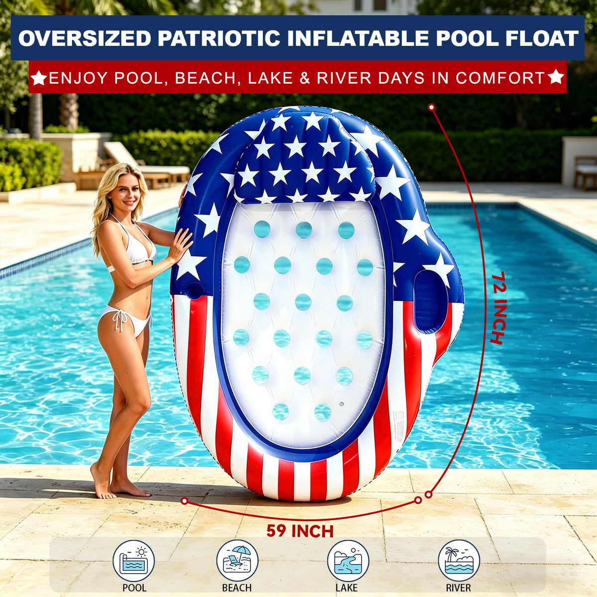 Turnmeon American flag oval pool float highlighting durable design.