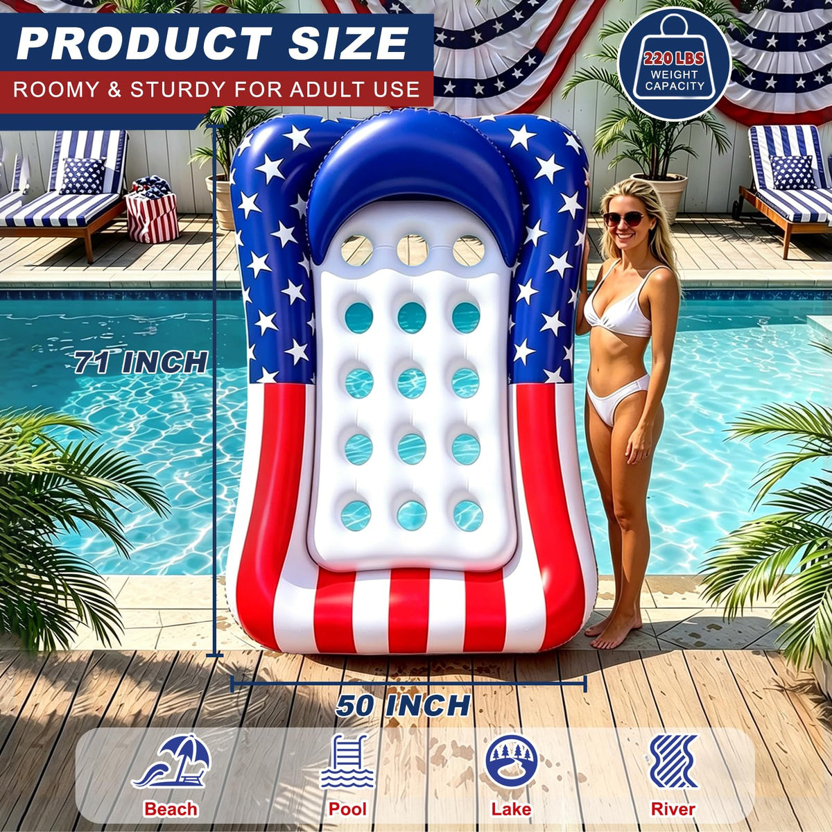 Patriotic 71x50 inch pool float ideal for beach, lake, or pool days.