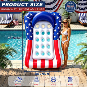 Patriotic 71x50 inch pool float ideal for beach, lake, or pool days.
