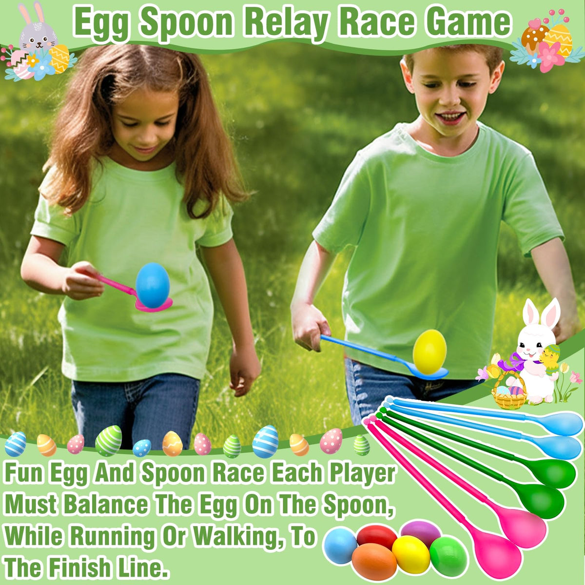 TURNMEON Easter eggs spoons in bright colors for balance and relay tasks.