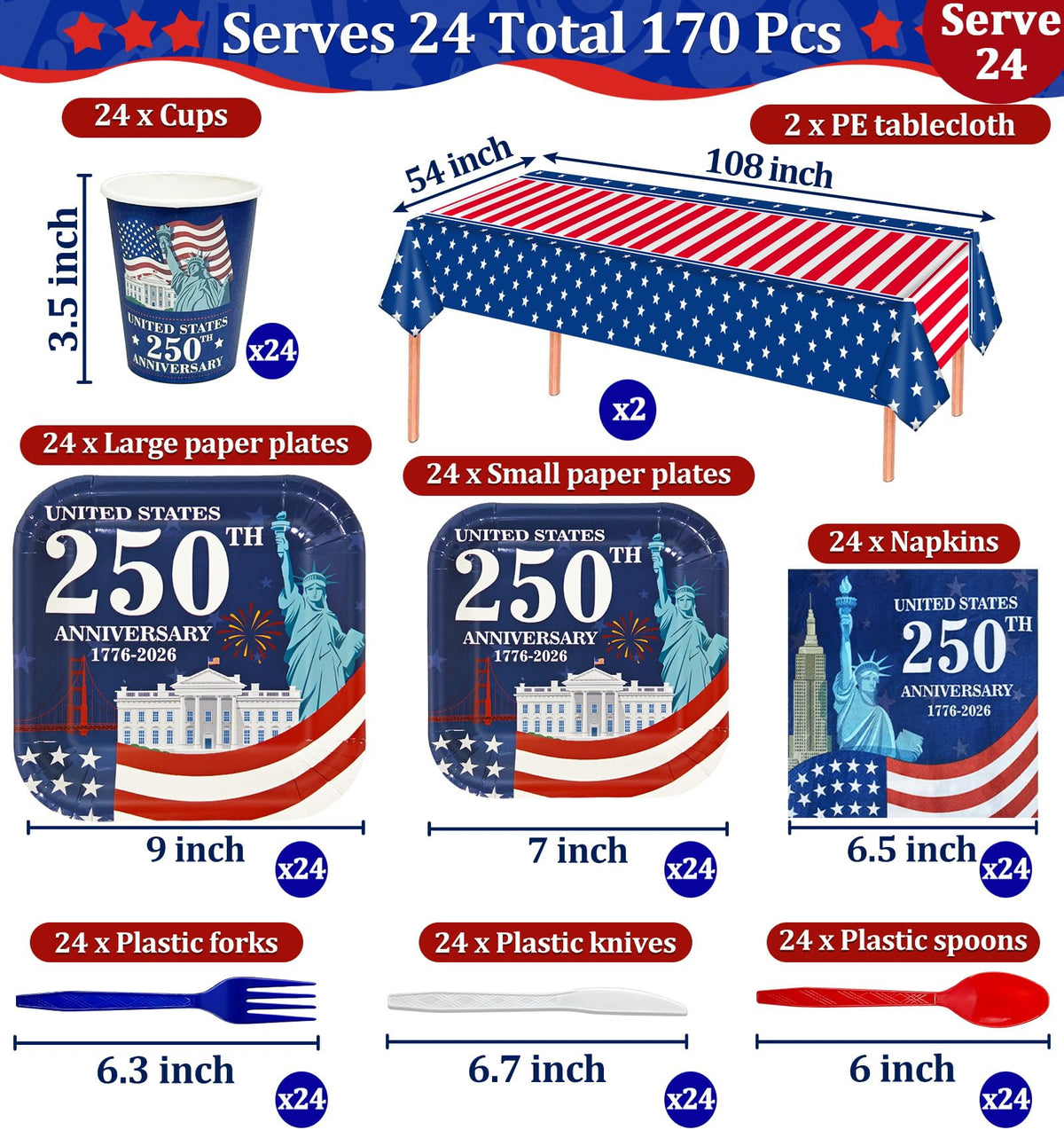 Turnmeon flag-pattern cups, 24-count, add patriotic flair and quick cleanup.