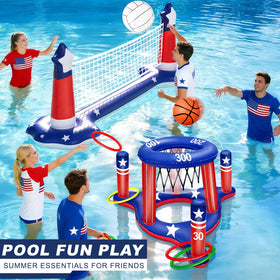 Turnmeon inflatable volleyball enhances summer poolside competition.