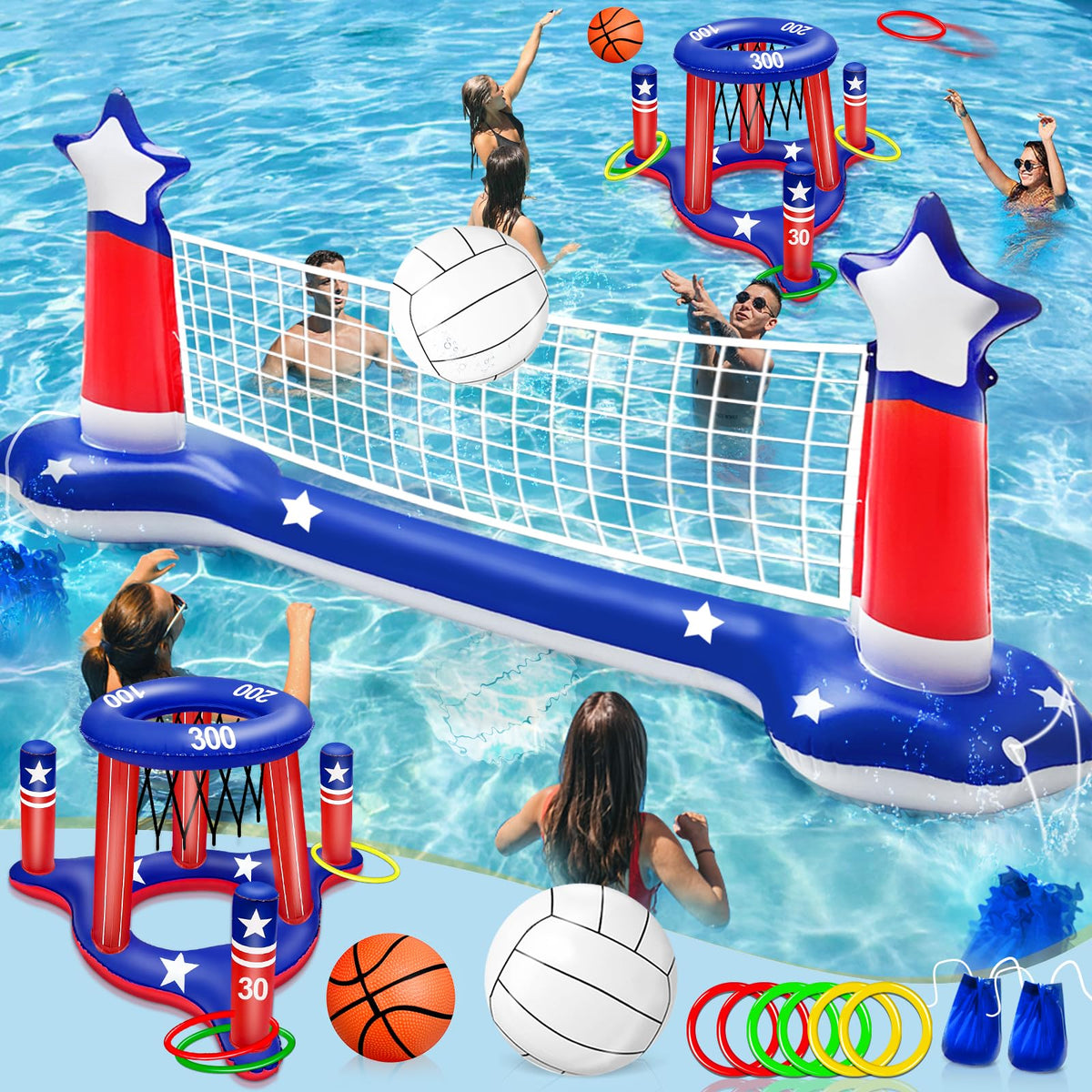 Turnmeon fourth of july pool games volleyball net ready for multiplayer fun.