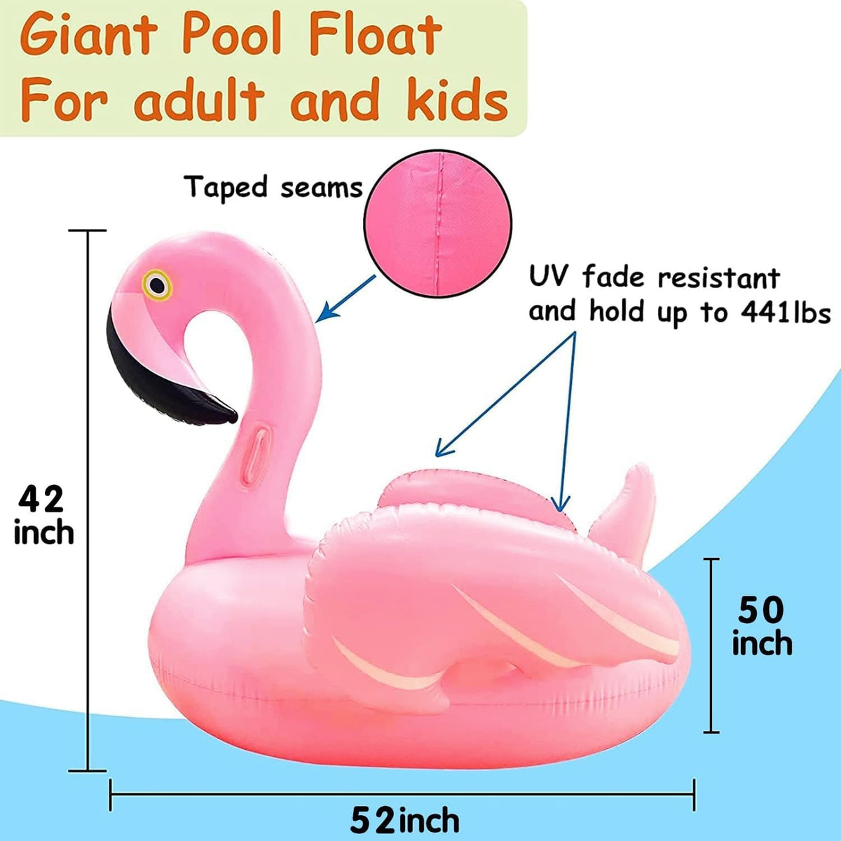 TURNMEON Giant Flamingo Pool Float inflation ports close-up, quick setup for spontaneous summer days.