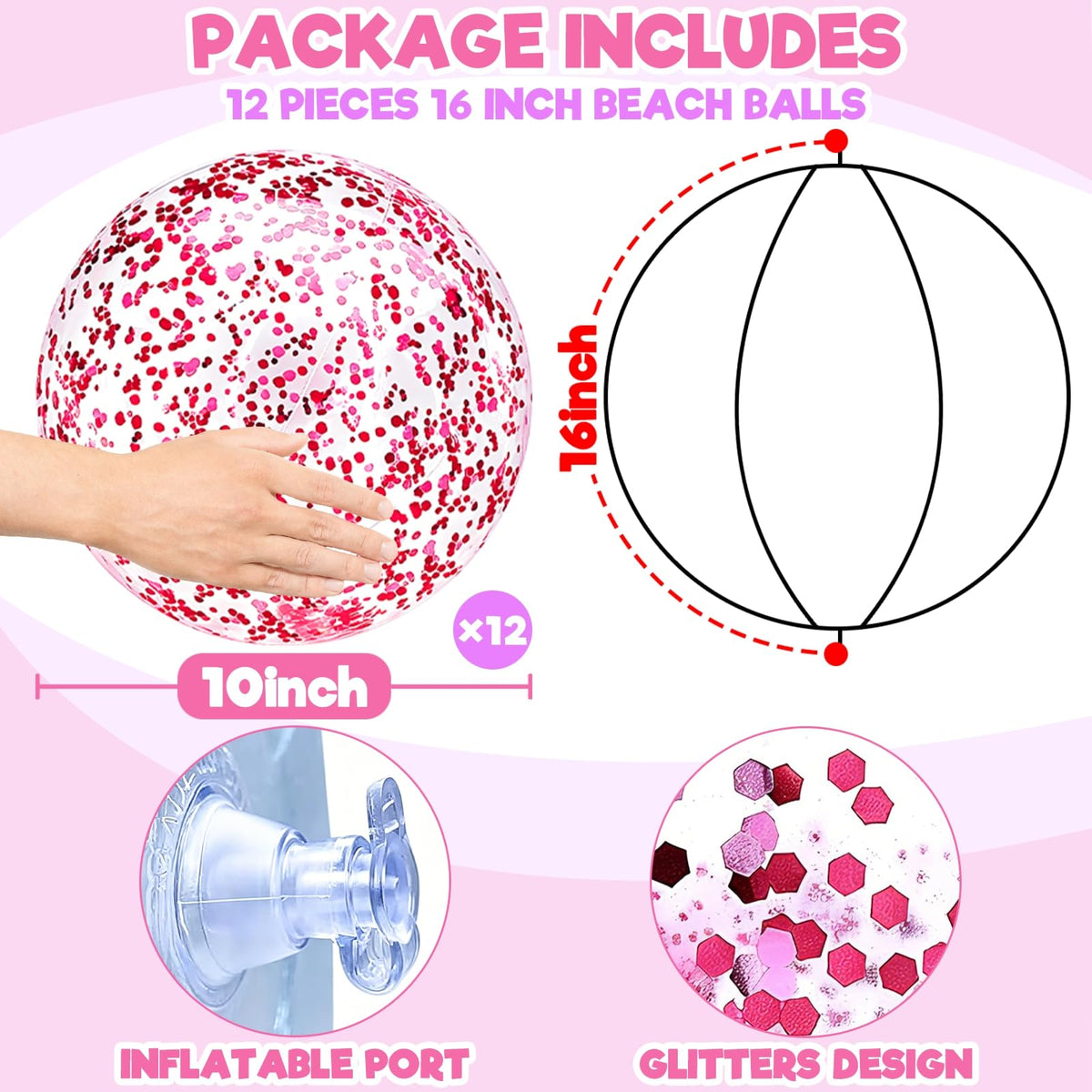 TURNMEON glitter beach ball close-up shows durable plastic for kids' play.