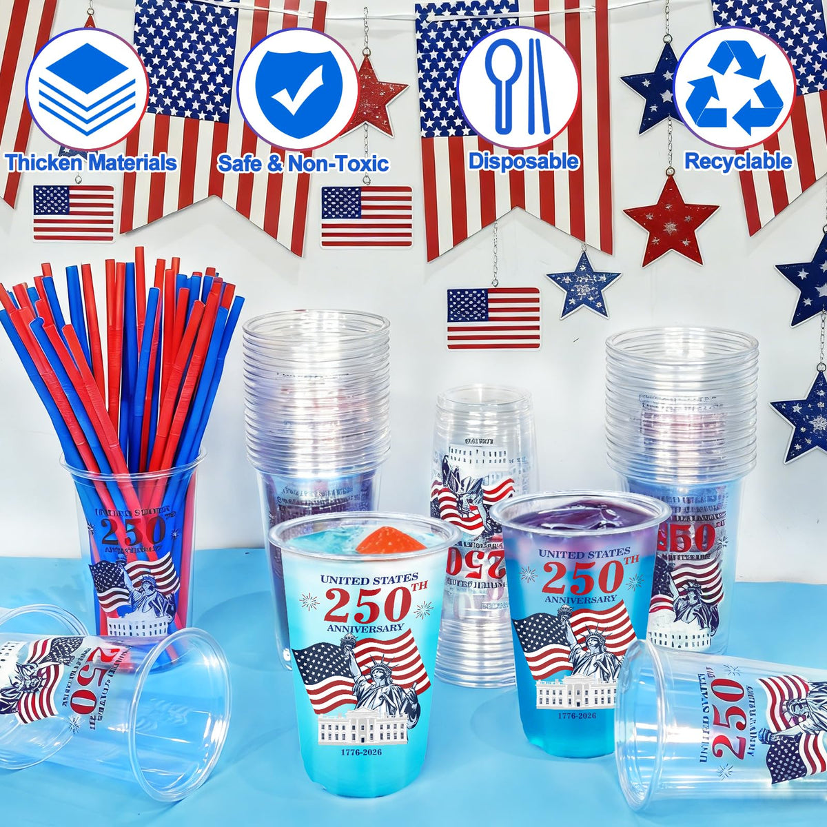 TURNMEON 4th of July cups with HAPPY print enhance festive table decor.