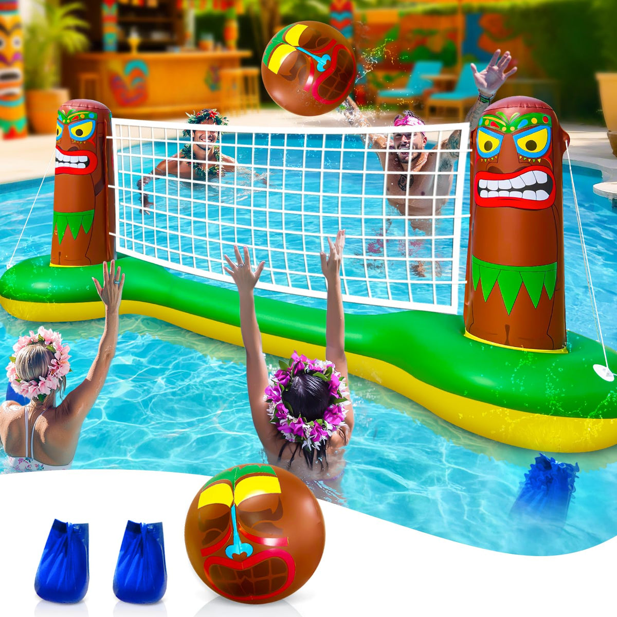 TURNMEON inflatable luau tiki pool net court for backyard and pool parties.