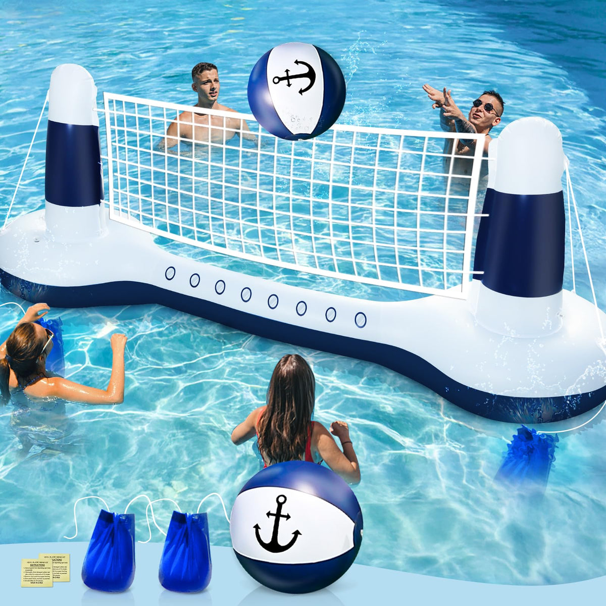 TURNMEON inflatable pool volleyball court with yacht pattern, ideal for pool parties.