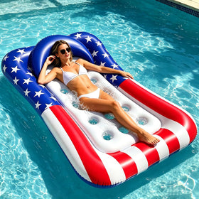 TURNMEON oversized American flag pool float with backrest for comfortable lounging.