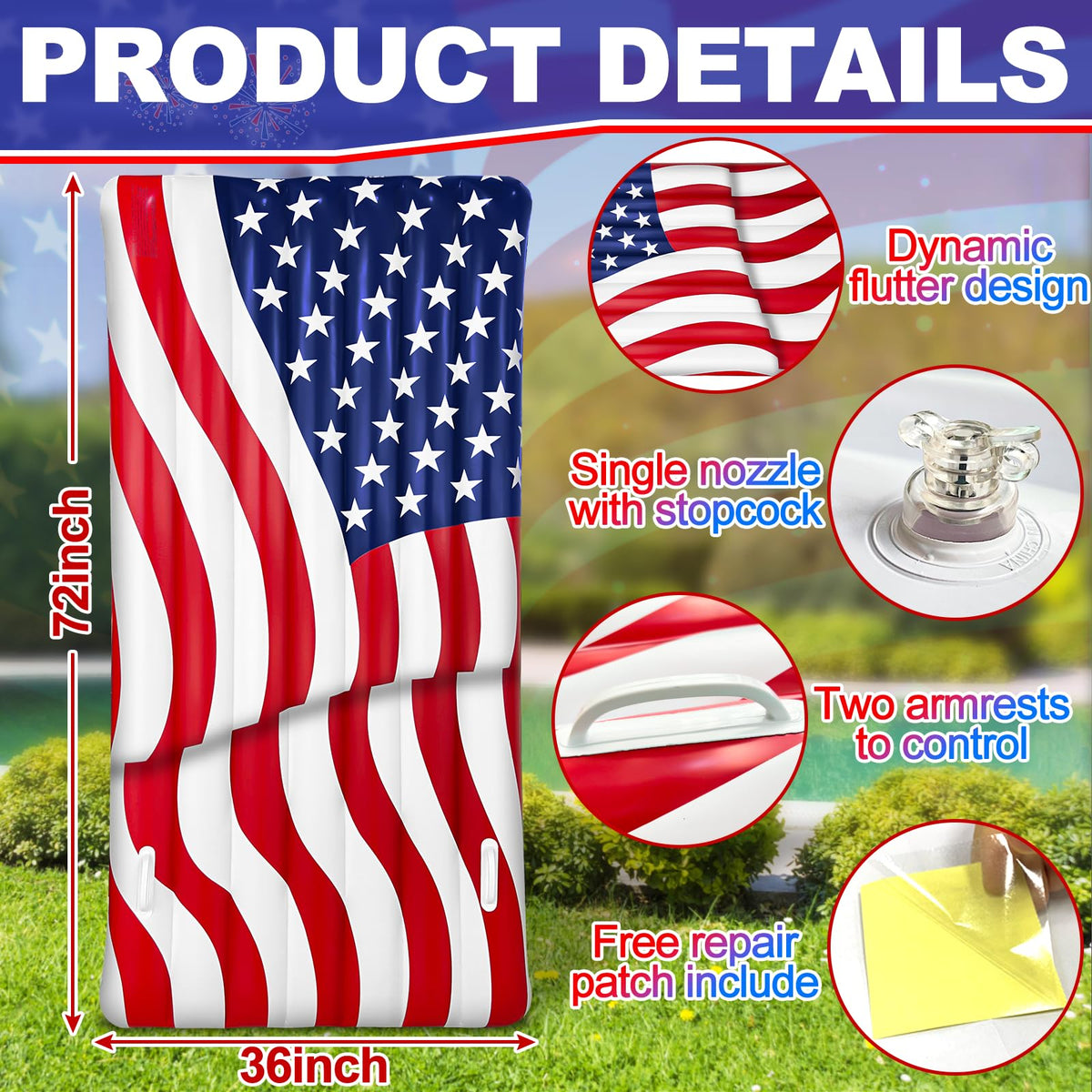 TURNMEON patriotic flag pattern inflatable raft for lake and beach leisure.
