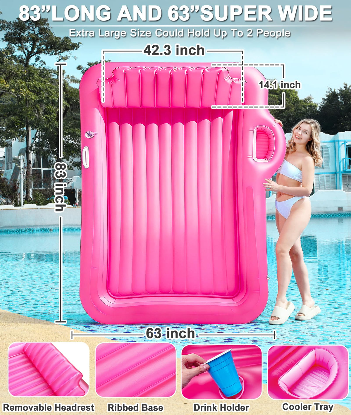 TURNMEON pink lounger with removable backrest supporting neck during sunbathing.