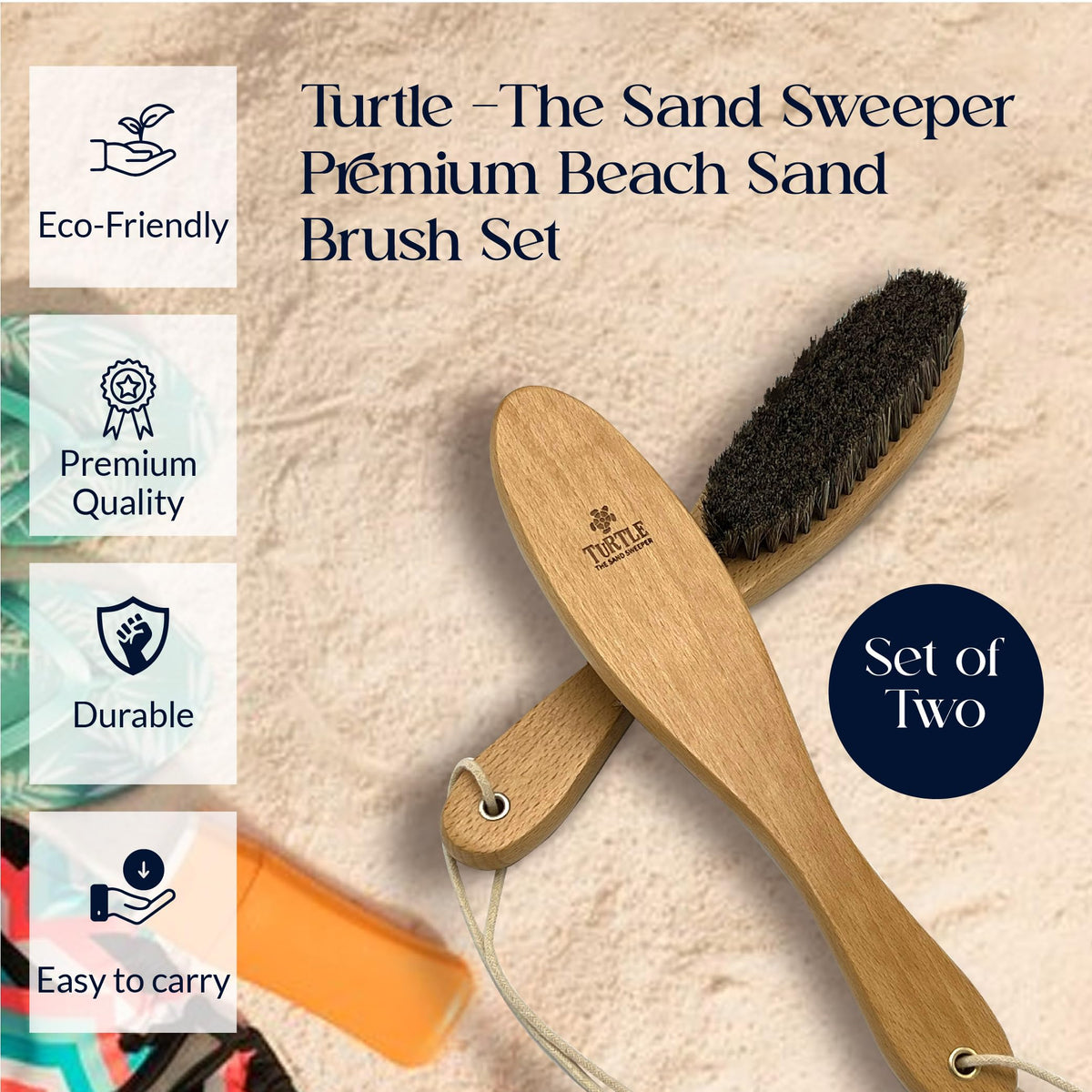 Turtle Sand Sweeper ergonomic wood handle for comfortable sand removal.