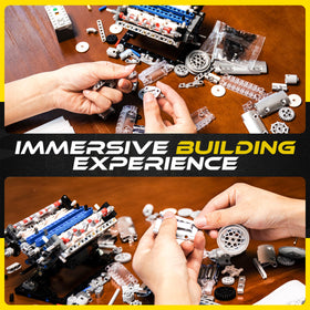 Turtten V8 engine model kit includes battery box and motor to power a working model.