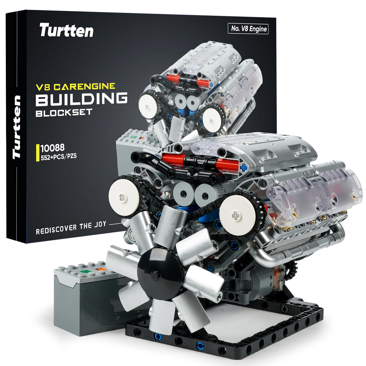 Turtten V8 engine kit cover view with transparent head for visible engineering.