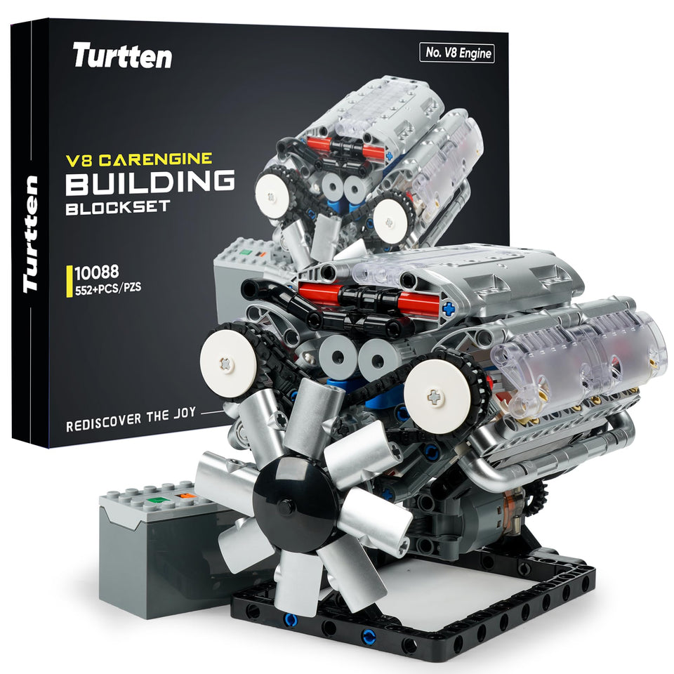 Turtten V8 engine kit cover view with transparent head for visible engineering.