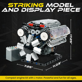 Turtten V8 engine model kit inside parts display for hands-on learning.