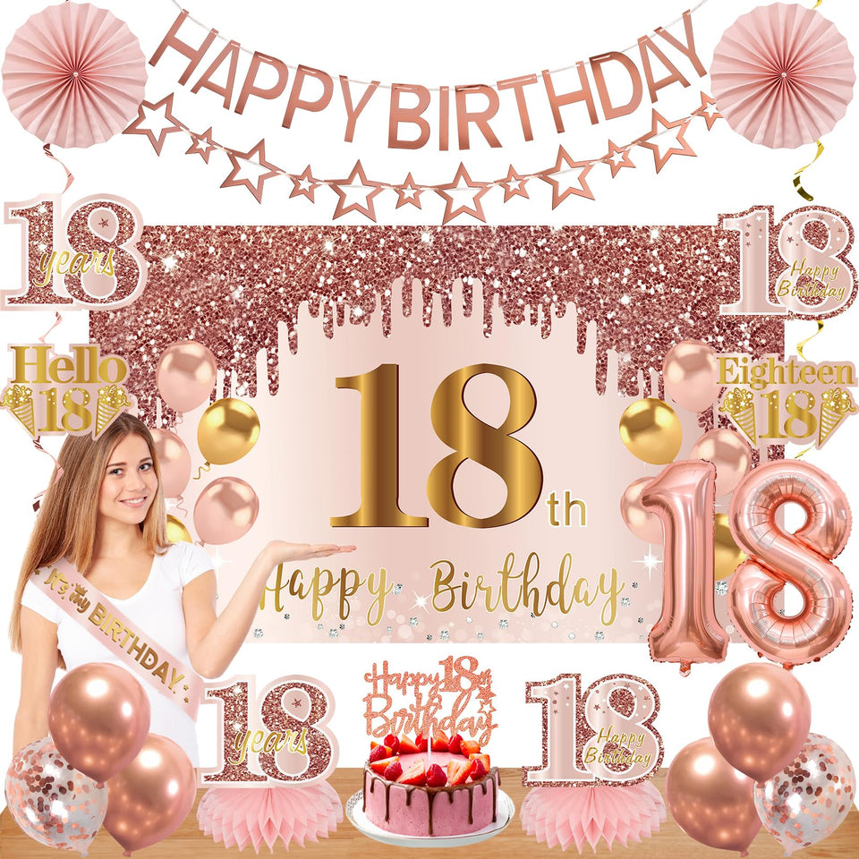 Turypaty 18th birthday banner pink backdrop enhances photo-worthy party moments.