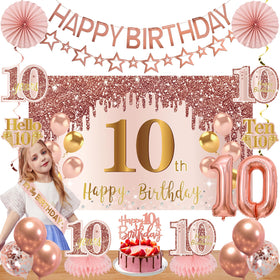 Turypaty pink rose gold backdrop with 'Happy 10th Birthday' for photos
