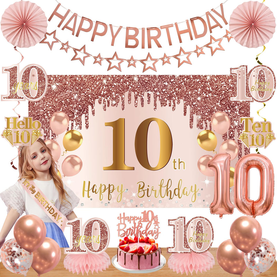 Turypaty pink rose gold backdrop with 'Happy 10th Birthday' for photos
