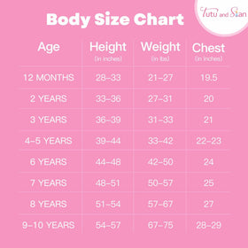 Tutu and Sian size chart image to help pick the right fit