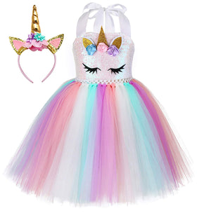 Tutu Dreams unicorn dress with pink sequins and rainbow tulle for magical party wear.