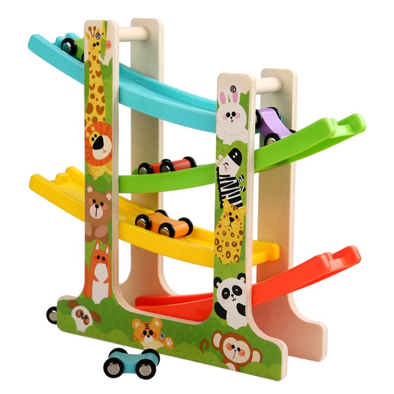 TUYFKDS wooden car ramp toy 4-level track enhances imaginative play and fine motor skills.