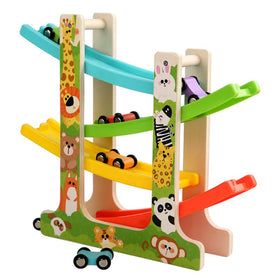 TUYFKDS wooden car ramp toy 4-level track enhances imaginative play and fine motor skills.